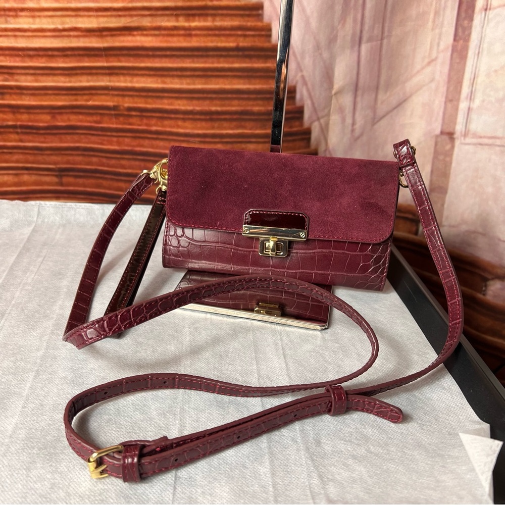 White House Black Market Elegant Burgundy Croc-Embossed Leather Suede crossbody